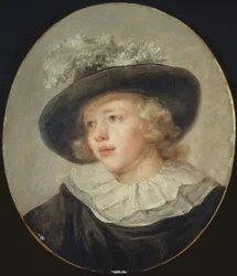 Toegeschreven aan Fragonard - Portret van een jongen met een gevederde hoed, circa 1785