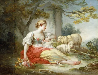 Een Herderin Zittend met Schapen en een Mand Bloemen Bij een Ruïne in een Bosrijk Landschap