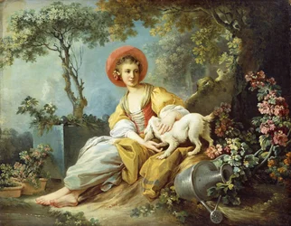 Een jonge vrouw zittend met een hond en een gieter in een tuin