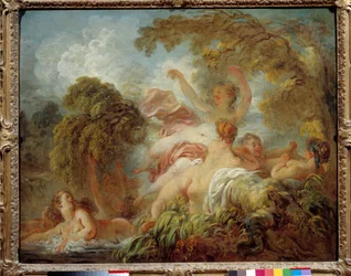 Badenden. Groep naakte jonge vrouwen die baden. Schilderij van Jean Honoré Fragonard (1732-1806), 18e eeuw. Zon. 0,64 x 0,8 m