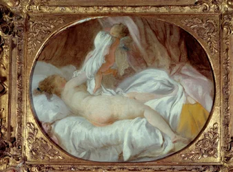 Erotiek: „Het uitgetrokken hemd”. Een jonge vrouw trekt met hulp van een Cupido haar hemd uit. Vóór 1778. 0,35 x 0,42 m.