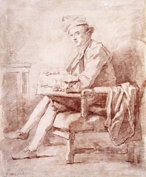 Portret van Joseph-Jerome Le Francais de Lalande, volledig zittend, in profiel naar links, een boek vasthoudend, een globe rustend op een tafel links