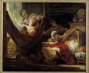 De wieg Een moeder in een hangmat omringd door haar dochters en een baby in een mand