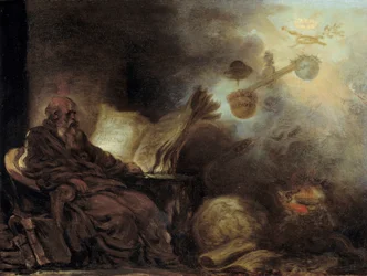 De droom van Plutarchus of Plutarchus die het leven van beroemde mannen samenstelt. De oude man wordt afgebeeld in meditatie. Schilderij door Jean Honoré Fragonard (1732-1806)