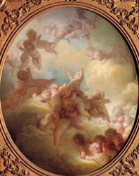 De zwerm van Liefde Groep in de wolken. Schilderij door Jean Honore Fragonard (1732-1806) 18e eeuw Zon. 0,56x0,65 m Parijs musee du Louvre