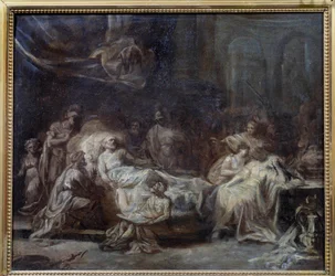 Het testament Familie verzameld rond een oude man met doodsstrijd die zijn testament dicteert