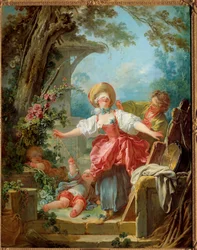 Twee jongeren die spelen. Schilderij door Jean Honore Fragonard (1732-1806) 1751