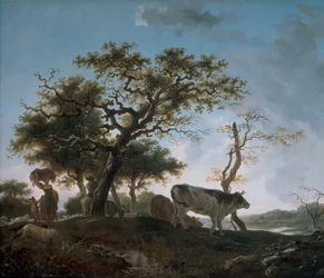 Jonge vrouw en een herder die hun kuddes leiden