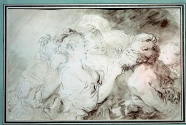 Jonge meisjes worstelen met een sater. Jonge vrouwen die plezier hebben met de baard van een sater. Tekening in de Bistre Wash door Jean Honore Fragonard. 18e eeuw. Privécollectie