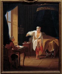 De schrijver en filosoof Voltaire (1694-1778) dicteert aan zijn secretaris Collini in Ferney