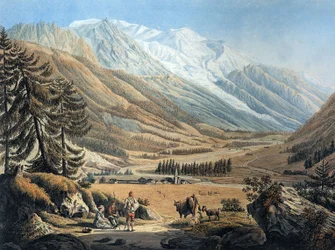 Gezicht op de vallei van Chamonix, vanuit het dorp Argentiere door Jean Daniel Huber tijdens een reis ca. 1785 (gravure)