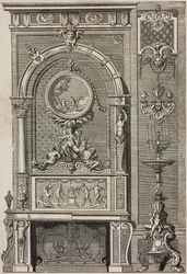 Open haard, door Jean Berain, gravure door Scotin Aine uit L
