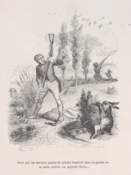 Als de laatste korrels poeder in de palm van zijn zwartgeblakerde hand vallen, een voortreffelijke haas..., 1843