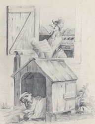 Hond in hondenhok, haan kraait bij het raam, ca. 1842.