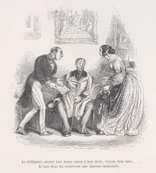 De rouwende weduwe geeft hen beiden het recht om goed te doen.... En ze behouden beiden een eeuwige..., 1843