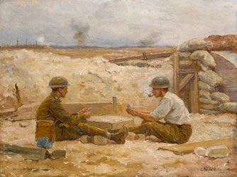 Twee Britse officieren die kaarten spelen buiten hun schuilplaats, Secteur de Bapaume, 1918-20