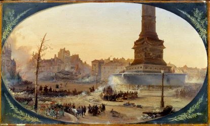 Revolutie van 1848: zicht op de Place de la Bastille en de barricade