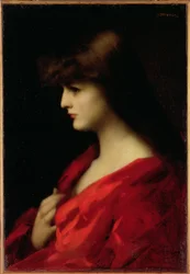 Studie van een vrouw in het rood, begin jaren 1890