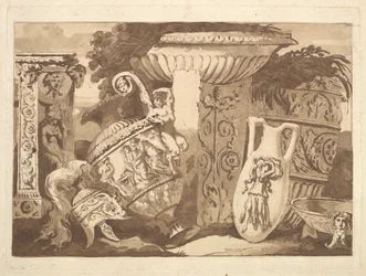 Compositie met antieke fragmenten en een leunende vaas, uit Recueil de Compositions..., 1782-84