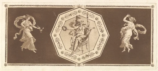Minerve zittend in een decoratieve achthoek, met een figuur links en rechts de Nacht..., 1784