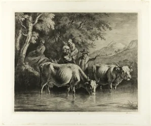 Vee en boeren langs een beekje