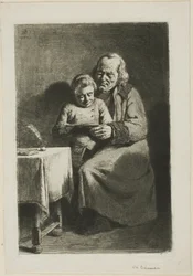 Oude man met een jongen die leest