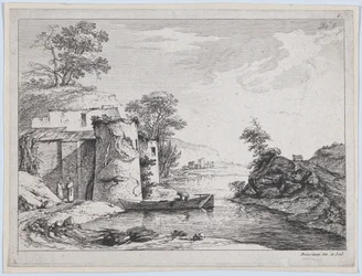 Oude torens aan een rivierbank, 1763