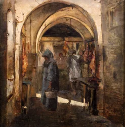 De slagerij, 2de helft 19de eeuw. (Olieverf op doek)