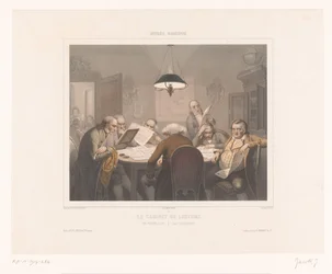 Zeven mannen lezen aan een tafel