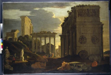 Capriccio uitzicht met figuren bij een triomfboog en de Tempels van Saturnus en Jupiter Tonans