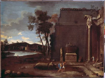 Landschap met sarcofaag. Schilderij van Jean Le Maire. Franse kunst, olie op doek. Hermitage Museum, Sint-Petersburg