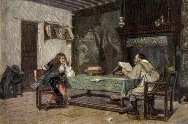Samenwerking tussen Jean Baptiste Moliere en Pierre Corneille Franse dramaturgen (gravure naar het schilderij van Jean-Leon Gerome)