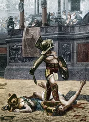 Gladiatoren in de Romeinse arena. Toeschouwers waarschuwen de winnaar zijn verslagen tegenstander niet te sparen, maar hem ter dood te brengen. Gravure naar een detail van het schilderij van Jean Léon Gérôme (1824-1904)