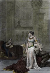 De koningin van Egypte Cleopatra VII Thea Philopator (69-30 v.Chr.) en Julius Caesar (100-44 v.Chr.) - Cleopatra voor Julius Caesar in Shakespeares toneelstuk Antonius en Cleopatra, naar het schilderij van Jean Léon Gérôme