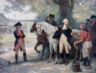 Amerikaanse Onafhankelijkheidsoorlog (1775-1783): George Washington (1732-1789) halverwege naar Brook, bij het militaire kamp van het Continental Leger, een jongeman brengt hem wat te drinken - Schilderij van Jean Leon Gerome Ferris (1863-1930 )