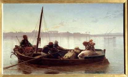 Gevangene door Egyptische zeilers op de Nijl vervoerd. Schilderij door Jean Leon Gerome (1861)