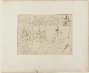 Blad met schetsen: Cavalerie veldslagen en bereden soldaten