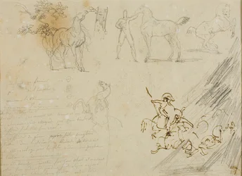 Schetsen van paarden, bruidegom die paard vasthoudt, een cavalerieslag