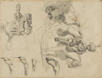 Schetsen van paarden, soldaten en hoeven