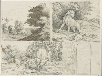 Schetsen van een bosrijke omgeving, Honden en fazanten in een landschap