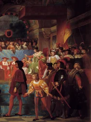 Koning Lodewijk XII uitgeroepen tot vader van het volk bij de Staten-Generaal van Tours op 14 mei 1506 Detail. Schilderij door Jean Louis Bezard (1799-1861)