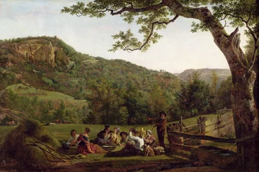 Hooimaaiers picknicken in een veld