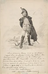 Brief aan Samuel P. Avery met een tekening van een militaire figuur, 1880