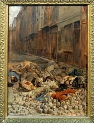 Revolutie van 1848: „De barricade in de Rue de la Mortellerie in juni 1848, of herinnering aan de burgeroorlog“, 1848, 0,29 x 0,22 m, Parijs, Louvre Museum