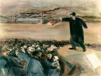 Een agitator voor de arbeiders. Een leider van de arbeidersbeweging eist in een toespraak de rechten van de arbeiders op. 20e eeuw. Privécollectie