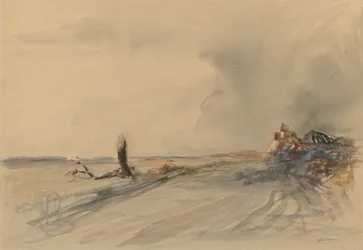 Verwoest land, figuren in een landschap ca. 1919 (grijs gewassen, aquarel en gouache)