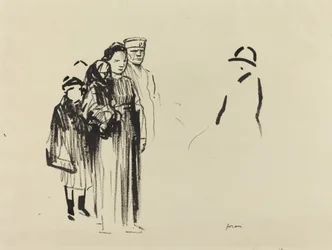 Vrouw en twee kinderen met Duitse soldaten, ca. 1914-1919