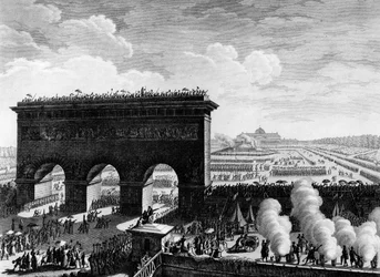 Franse Revolutie: Feest van de Federatie op 14 juli 1790 op het Champs de Mars in Parijs. Gravure door Berthaut naar Prior