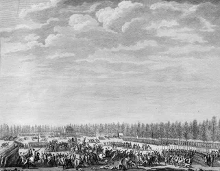 Franse Revolutie: Gilbert du Motier, Markies de la Fayette, liet tweehonderd soldaten ontwapenen wegens indiscipline op de Champs Elysees in Parijs op 12 januari 1790. Gravure door Berthaut naar Prior