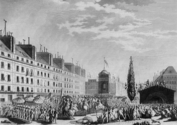 Franse Revolutie: Proclamatie van de Grondwet op Place du Marche des Innocents in Parijs op 14 september